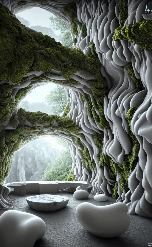 Image similar to highly detailed ultra sharp 3 d render villa interior cinematic composition of a smooth ceramic porcelain biomorphic magnolia stone nebula fluid fractal sci - fi surreal architecture landscape, granite, metallic, magnesium, marble, moss and lichen, vincent callebaut composition, mamou - mani, archviz, beautiful lighting, 8 k, unreal engine, hdr,