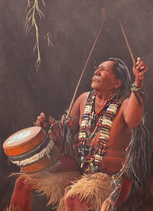 Image similar to a realistic painting of indigenous man playing shamanic drum, highly detailed, matte painting, fantasy art