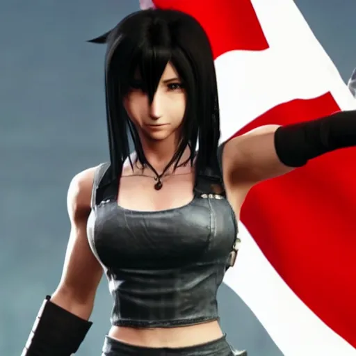 Prompt: Tifa Lockhart from Final Fantasy VII Remake (2020) laughing with the Italian flag in the background