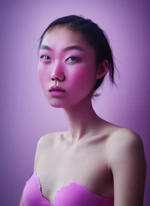 Prompt: photo of slim girl, 20yo, close-up, high detail, studio, smoke, sharp, pink violet light, studio, 85mm sigma art lens