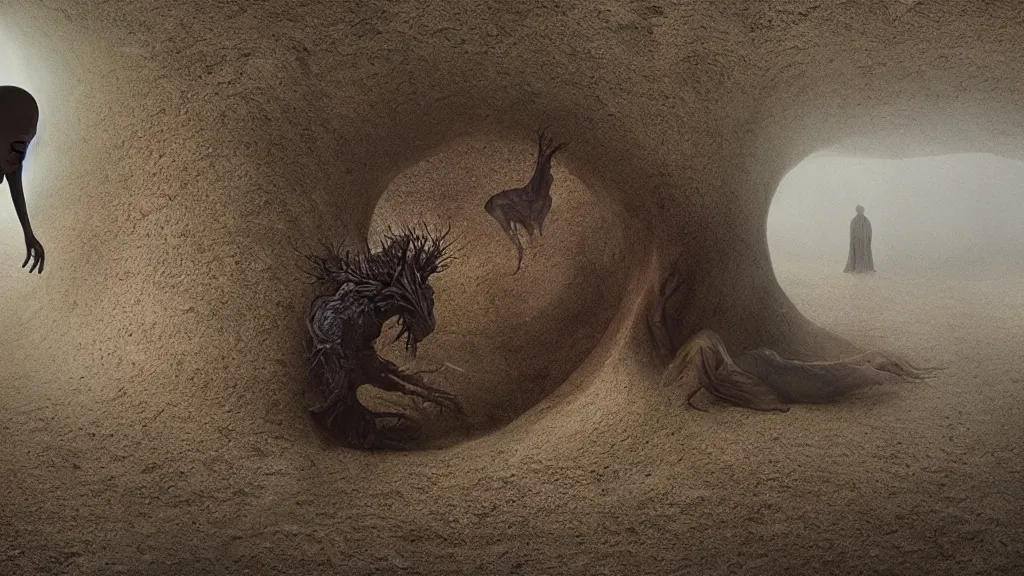 Prompt: a strange creature reveals the secrets of the universe, film still from the movie directed by Denis Villeneuve with art direction by Zdzisław Beksiński