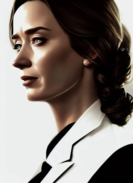 Image similar to portrait of emily blunt as business woman, black suit, white shirt, black tie, intricate, headshot, highly detailed, digital painting, artstation, concept art, sharp focus, cinematic lighting, illustration, art by artgerm and greg rutkowski, alphonse mucha, cgsociety