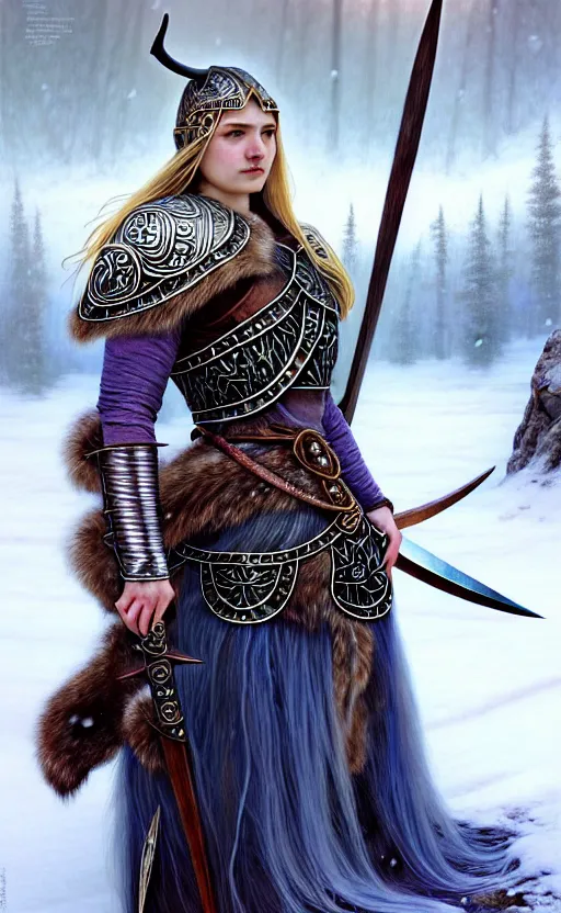 Image similar to iridescent viking warrior, regal, elegant, winter, snow, beautiful, stunning, hd, illustration, epic, d & d, fantasy, intricate, elegant, highly detailed, wide angle, digital painting, artstation, concept art, smooth, sharp focus, illustration, wallpaper, art by artgerm and greg rutkowski and alphonse mucha and jin xiaodi