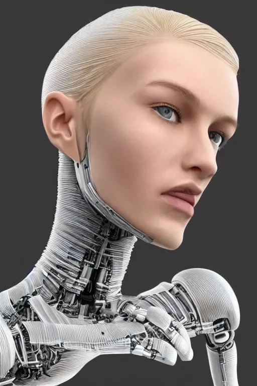 Image similar to robot with human face, female head, full body angle, woman human face, human face realistic, beautiful blonde hair, human head, human head with blonde hair, blonde hair human head, blonde hair, human realistic face, human head skin, cyborg frame concept, cyborg by ales-kotnik, sci-fi android female, the body is made of wires, robotic body, cyborg body, cyborg bust body, robot body cyborg, full body
