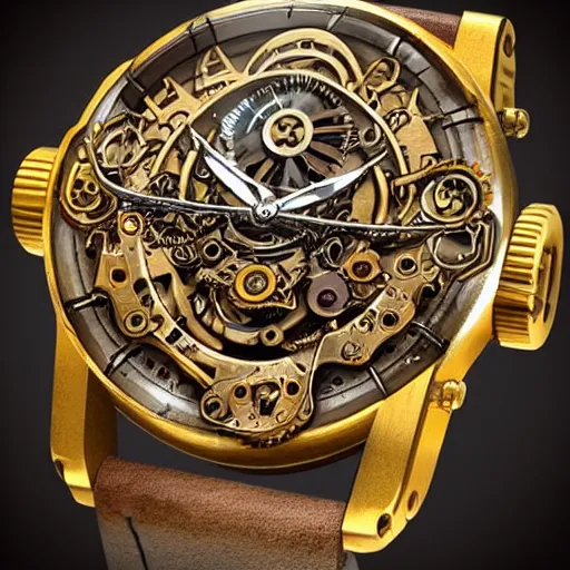 Image similar to post-apocalyptic steampunk watch, golden and purple, artstation, high detailed