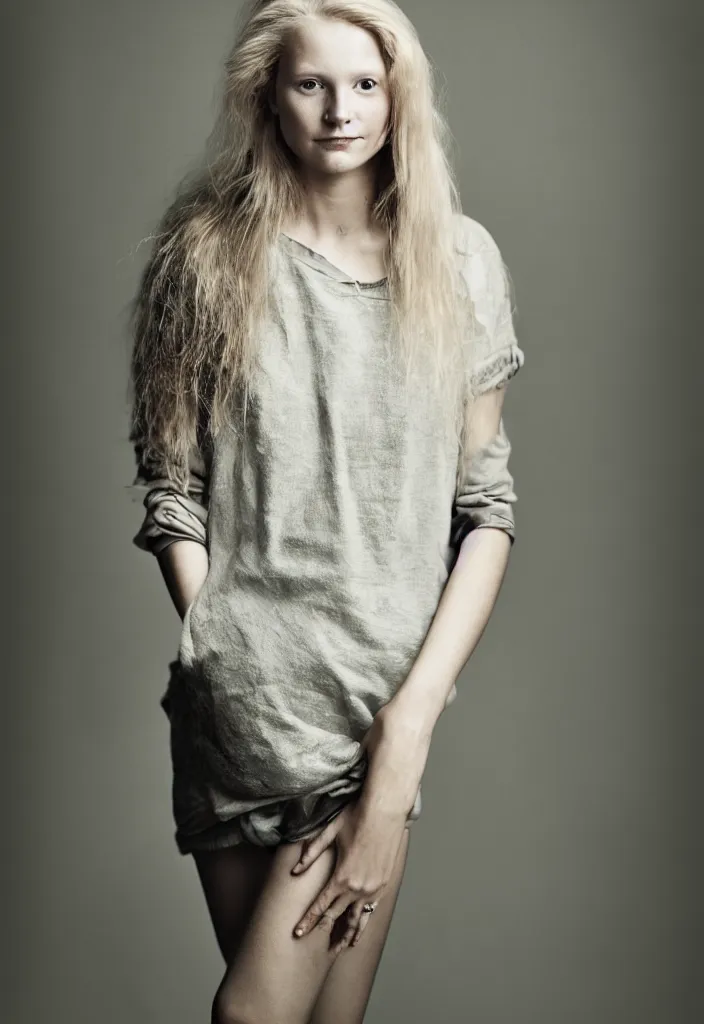 Image similar to portrait of a beautiful young scandinavian woman. casual clothing. studio photo by annie leibovitz.