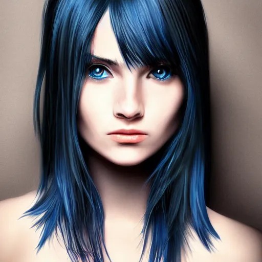 Prompt: photorealistic portrait of beautiful monster girl, black hair, blue eyes, glowing skin, detailed face, sharp focus