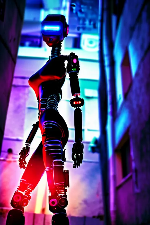 Image similar to a photo close up cyberpunk half robot half girl stands in a cyberpunk cambodian street, at night, photorealistic, cinematic lighting, very detailed, style by tomino - sama