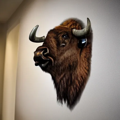 Prompt: hunting trophy bison head in oculus vr nailed to the wall,