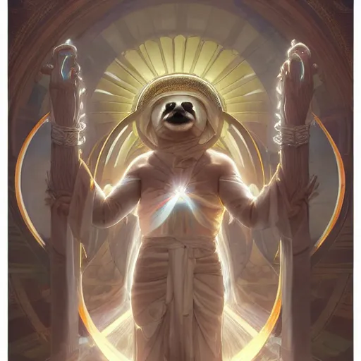 Image similar to godlike sloth, deity, holy robes, holy light aura, ultra details, art by artgerm, dwayne barlowe, trending on artstation and greg rutkowski and alphonse mucha, 8 k