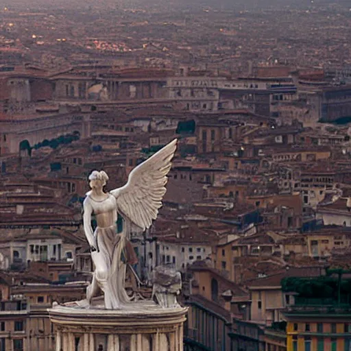 Image similar to An Angel from a Michelangelo painting flies over the cityscape of Rome. He looks tired. Filmed in the style of Wim Wenders. Cinematic, 50mm, highly intricate in technicolor