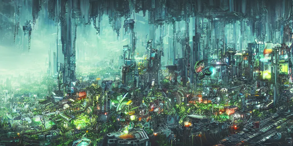 Image similar to future city covered by forest creature, flying, culture, smooth, crash, war, battle, cyberpunk, monster, gravity mess, by studio ghibli