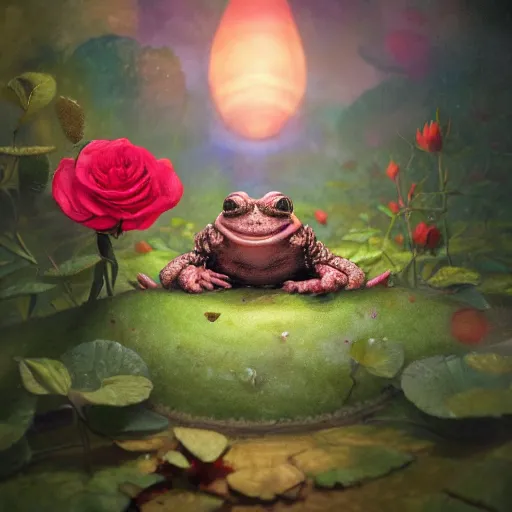 Prompt: soulful long shot of a crazy toad baby sitting in a rose blossom, by esao andrews, by m. w. kaluta, ultra humorous illustration, small depth of field, perspective perception, volumetric light, psychedelic colors, 3 d octane render, 8 k, conceptart, hyperdetailed, hyperrealistic, trending on artstation