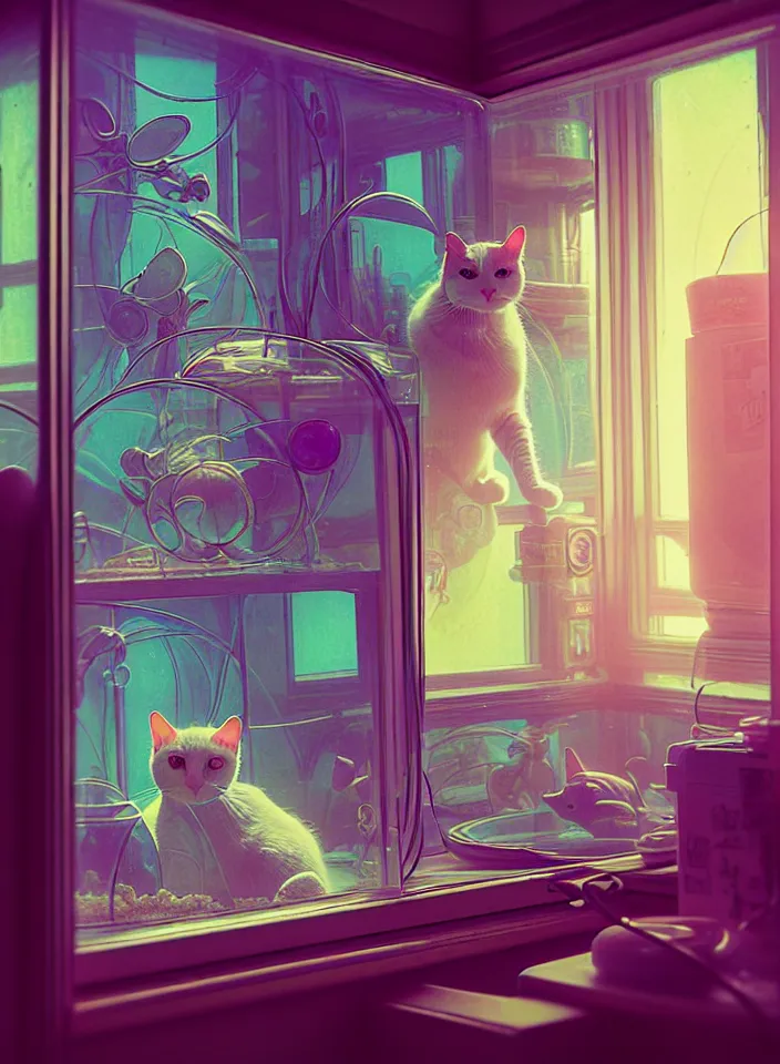 Image similar to telephoto 7 0 mm f / 2. 8 iso 2 0 0 photograph depicting the feeling of chrysalism in a cosy safe cluttered french sci - fi ( ( art nouveau ) ) cyberpunk apartment in a pastel dreamstate art cinema style. ( cat ) ( ( fish tank ) ), ambient light.