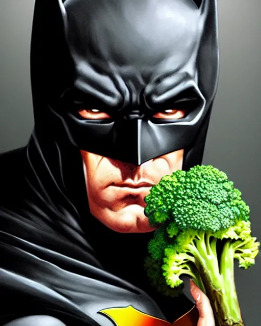 Image similar to Close-up stunning portrait of Batman eating broccoli, digital painting, concept art, highly detailed, digital painting, Trending on Artstation, 8K, by artgerm and greg rutkowski and alphonse mucha