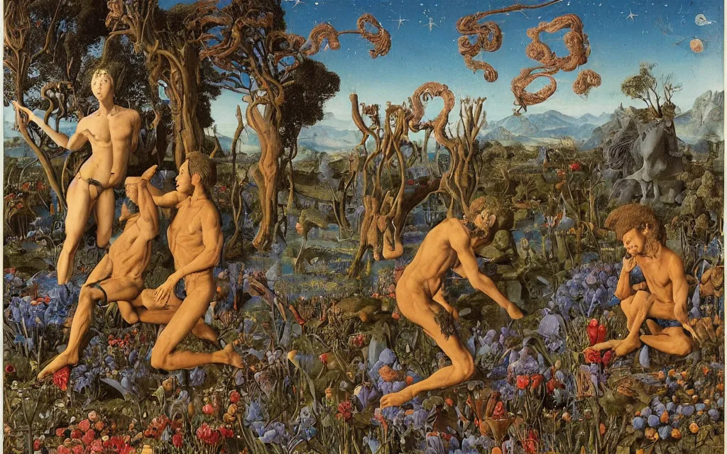 Image similar to a portrait photograph of a meditating satyr and a centaur monk riding a rocket machine and hunting at a river delta. surrounded by bulbous flowers and trees. mountain range under a blue sky of fiery stars. by jan van eyck, max ernst, ernst haeckel, ernst fuchs and artgerm, cgsociety, fashion editorial, 8 k