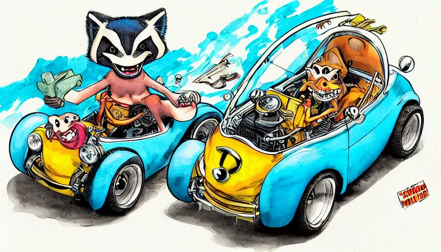 Image similar to funny, comic book style, racoon riding in a tiny hot rod coupe with oversized engine, ratfink style by ed roth, centered award winning watercolor pen illustration, by chihiro iwasaki, edited by range murata