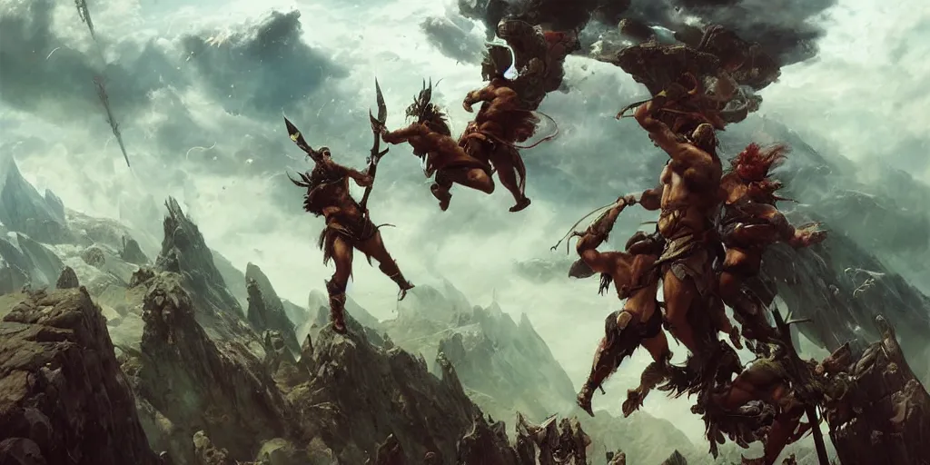 Prompt: epic battle barbarian norse gods thunder inverted landscape hanging from the sky two worlds facing each other horizontal symmetry inception good composition artstation illustration sharp focus sunlit vista painted by ruan jia raymond swanland lawrence alma tadema zdzislaw beksinski norman rockwell tom lovell alex malveda greg staples