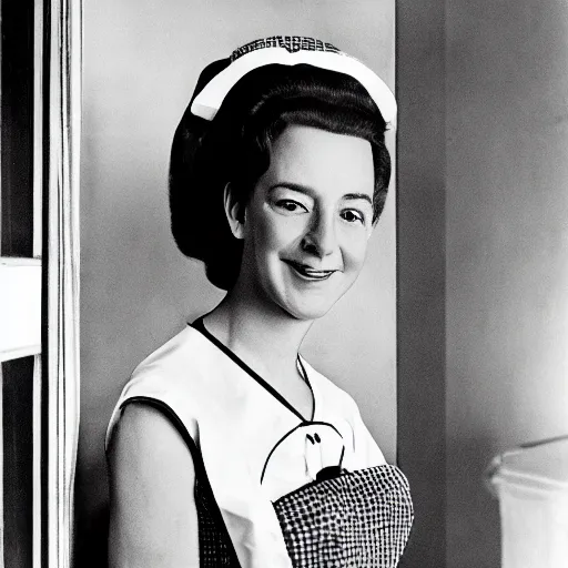 Prompt: Jeff Bezos as a maid, 1960, 50mm, portrait