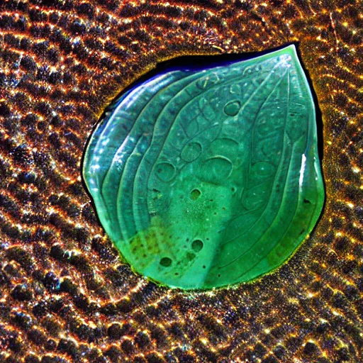 Prompt: geometric tadpole in clear water with lilly pads