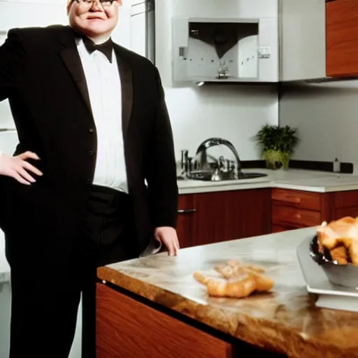 Prompt: Andy Richter is wearing a black suit and necktie and standing in a kitchen in front of an open refrigerator. There is a bright white light coming from inside the refrigerator. Andy is using his hand to shield his eyes.
