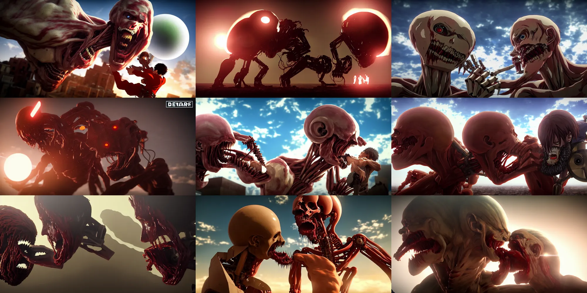 Prompt: attack on titan robot eating an artist, in the style of saturn devouring his son, sharp, rendered in unreal engine 5, bloom, dramatic lighting