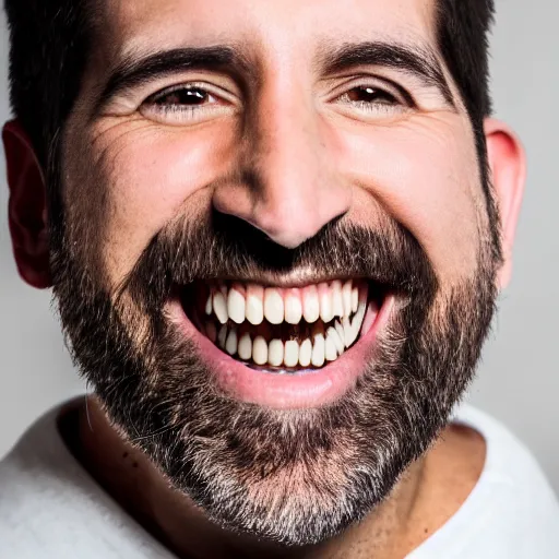 Image similar to a high-quality studio portrait of Ross Geller, his teeth glowing white, 90mm, f/1.4