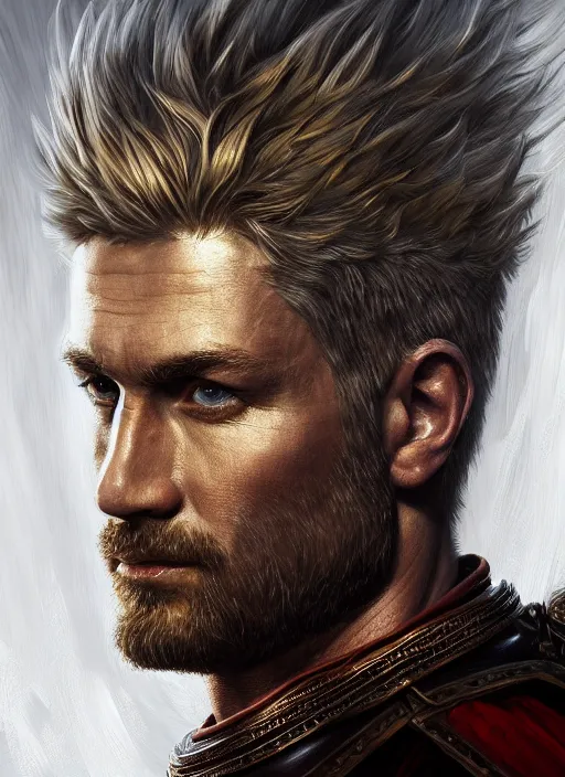 Image similar to highly detailed oil painting, masterpiece portrait warrior male lannister, fantasy character portrait, dynamic pose, above view, top lighting, realistic shaded, perfect face, 8 k realistic, hyper detailed, digital painting, artstation, concept art, hyper detailed eyes, cinematic lighting, dynamic pose, above view