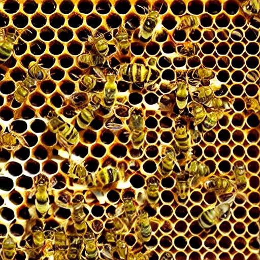 Prompt: inside of the bee hive, the world of bees, queen bee, worker bees