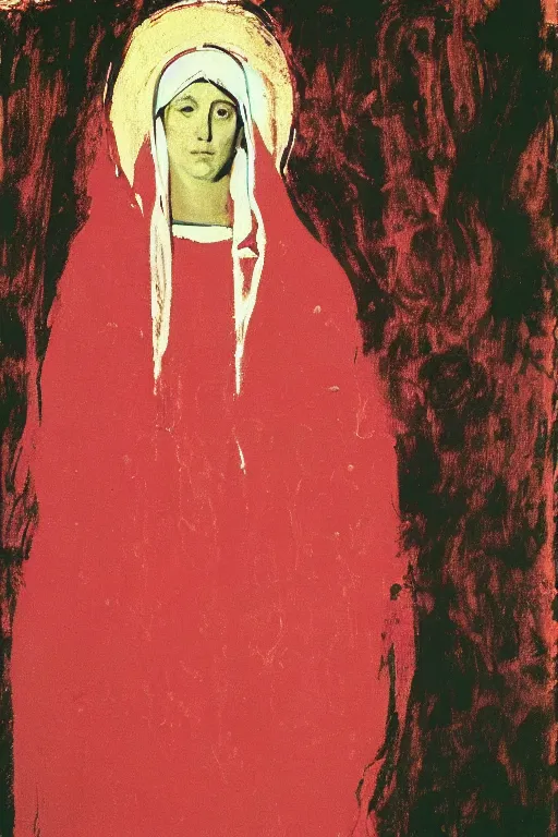 Image similar to virgin mary of lourdes painted by cy twombly and andy warhol