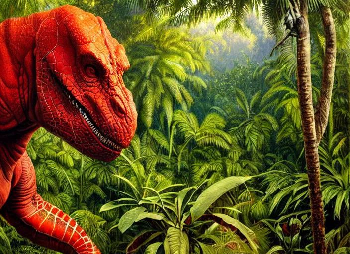 Prompt: red dinosaur in a lush jungle, oil painting, james gurney, highly detailed, golden hour