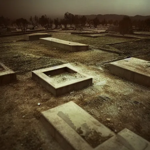 Image similar to a portrait of futuristic deserted grave, by annie leibovitz, shallow depth of field, cinematic lighting, colorful dystopian futurism