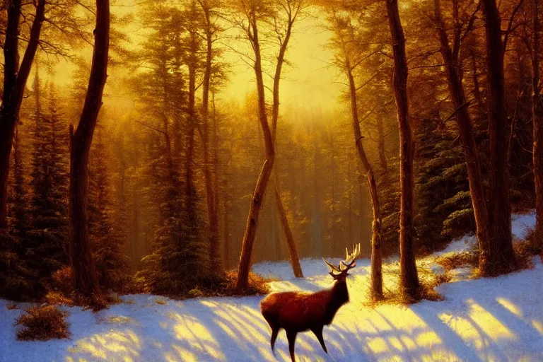 Prompt: winter forest meadow, wild elk, creek, radiant light, warm, oil on canvas, artstation, albert bierstadt