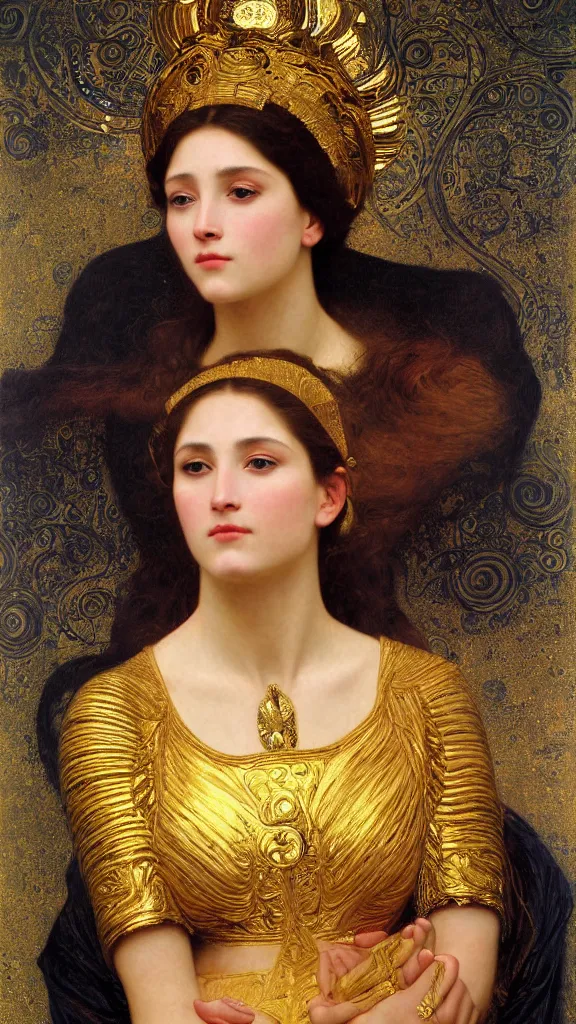 Image similar to painting portrait of a beautiful woman like an ancient goddess, intricate, elegant, digital painting, smooth, sharp focus, shiny gold, realistic gold, realistic metal, by William-Adolphe Bouguereau and Gustav Klimt,