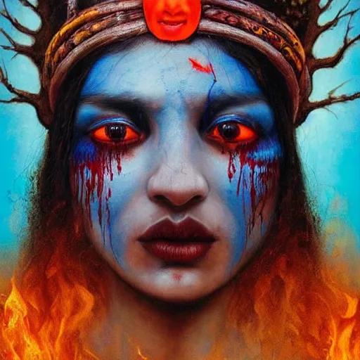 Image similar to A young blindfolded shaman woman with a decorated headband from which blood flows, blue hair and wood on her head. The background is a forest on fire, made by Esao Andrews and Karol Bak and Zdzislaw Beksinski