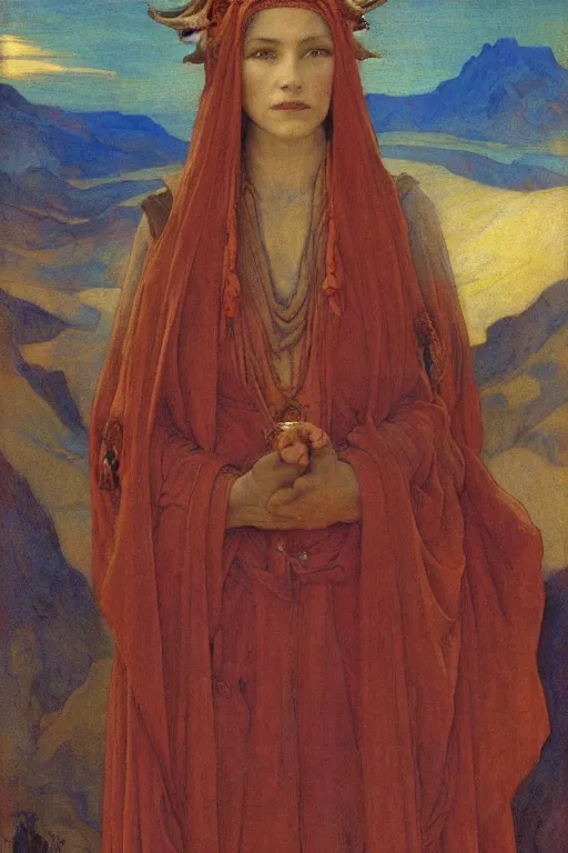 Prompt: queen of the dawn mountains with her regalia, by Annie Swynnerton and Nicholas Roerich and jean delville, dramatic cinematic lighting , ornate headdress , flowing robes, lost civilizations, extremely detailed