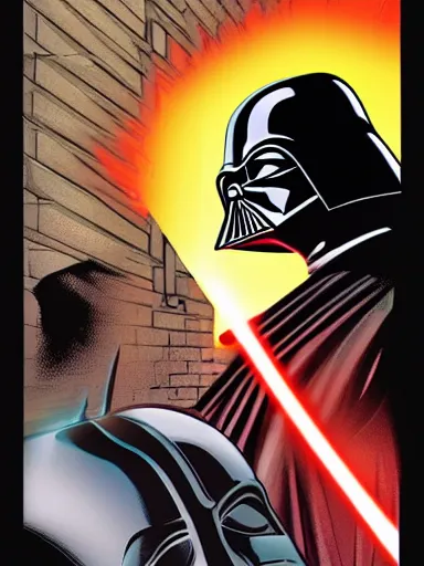 Prompt: comic book cover of darth vader fighting against the avangers