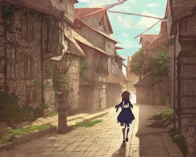 Image similar to kyoani anime keyframe illustrated portrait of a young female walking through a medieval village, perfect anime face, dynamic pose, dynamic perspective, detailed silhouette, detailed, intricate, manga, face by ilya kuvshinov