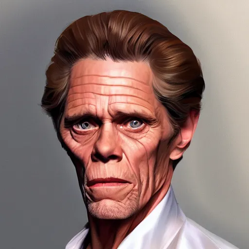 Image similar to william dafoe, portrait, in the style of alex ross, 2 d, 4 k, unreal, intricate, digital painting, highly detailed, artstation, sharp focus, illustration,