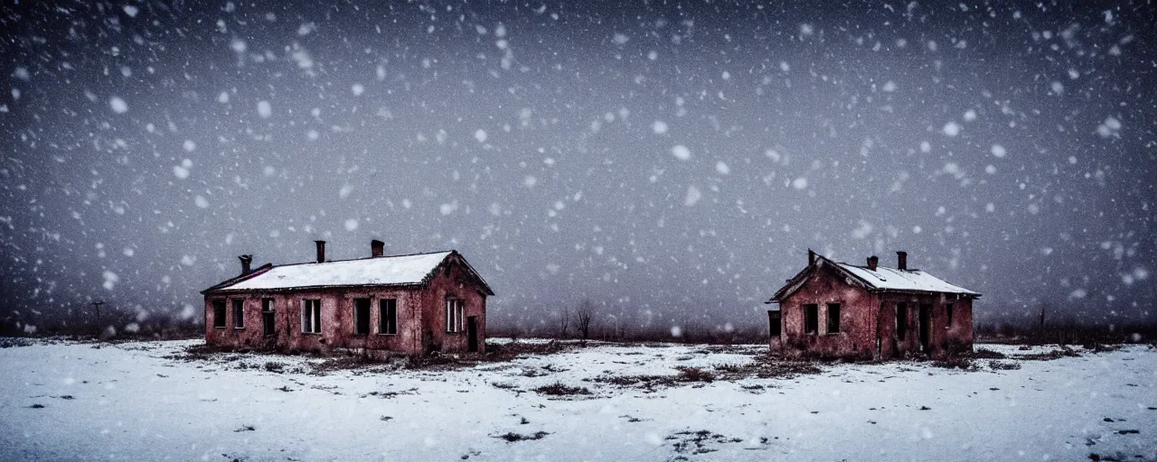 Image similar to landscape, soviet military, abandoned lifeless house, dark winter evening, snowing, atmospheric, mystical, very detailed 4 k