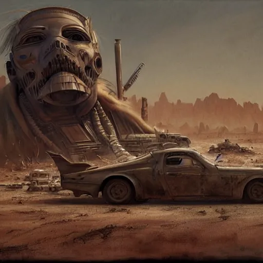 Image similar to Portrait of Immortan Joe by Greg Rutkowski. He is making an announcement from his war rig in the desert by Mark Arian. It is bright and desolate and rusty by H.R. Giger. soft render, octane, highly detailed painting by Moebius. artstation Blank Canvas Scene by Tetsuya Nomura.