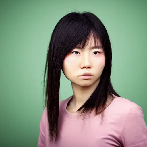 Prompt: front view mug shot of a young beautiful delicate atractive japanese female, digital photography, soft studio lighting, chroma green background, cyberpunk style