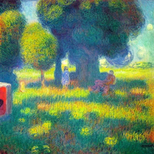 Image similar to beautiful painting of companion cube in a beautiful landscape, monet, rhads, renoir, degas