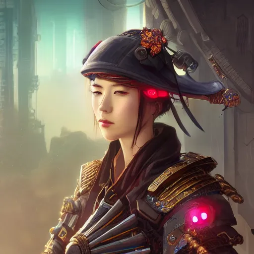 Prompt: closeup of a young cyberpunk samurai lady wearing a visor D&D, fantasy, intricate, elegant, highly detailed, digital painting, artstation, concept art, matte, sharp focus, illustration, hearthstone, art by Artgerm and Greg Rutkowski and Alphonse Mucha