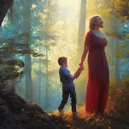 Image similar to epic hyperrealism cinematic masterpiece where a mother appears with her happy son. realistic poster with shaded lighting by craig mallismo, artgerm, jeremy lipkin and michael garmash, unreal engine, radiant light, detailed and complex environment, digital art, art station trends