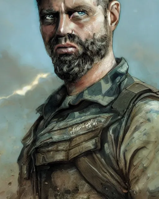 Image similar to portrait of muscular, tired and alcoholic 3 0 - year - old handsome man with short darkblonde hair, serious sad look in his eyes, dirty beard, blue eyes, crying, wearing dirty soldier uniform, on the desert, hyper realistic face, beautiful eyes, character art, art by mark brooks, hyperdetailed, cryengine, trending on artstation, digital art