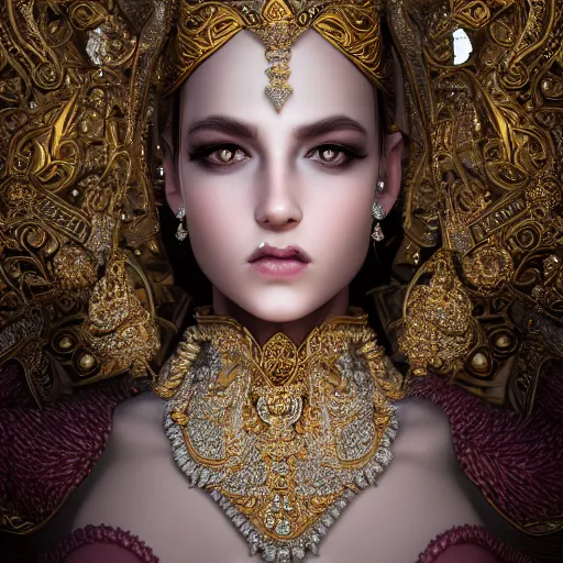 Image similar to portrait of pretty princess with perfect skin, glowing, ornate and intricate diamond jewelry, jaw dropping beauty, ornate and intricate backdrop, white accent lighting, hyper detailed, 4 k octane render