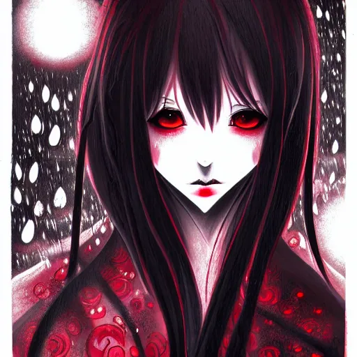 Image similar to beautiful seductive female ghost, in the rain, highly detailed, painting, dark red and black color palette, intricate, high quality anime artstyle, in the style of sana takeda
