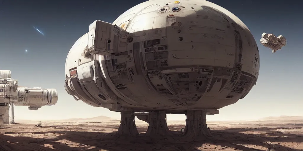 Prompt: white high tech giant space station on desert planet digital art by greg rutkowski. highly detailed 8 k. intricate. lifelike. soft light. nikon d 8 5 0.