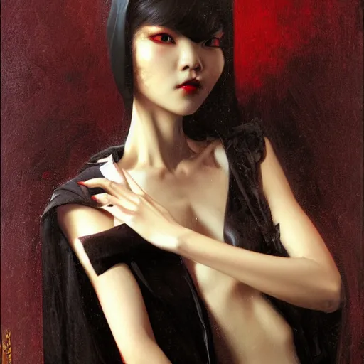 Image similar to detailed cinematic wide shot of beautiful attractive tao okamoto asian vampire woman wearing black bath robe slim face symettrical face clean skin black eyes black robe smooth, sharp focus, ultra realistic, spring light, painting by gaston bussiere, craig mullins, j. c. leyendecker